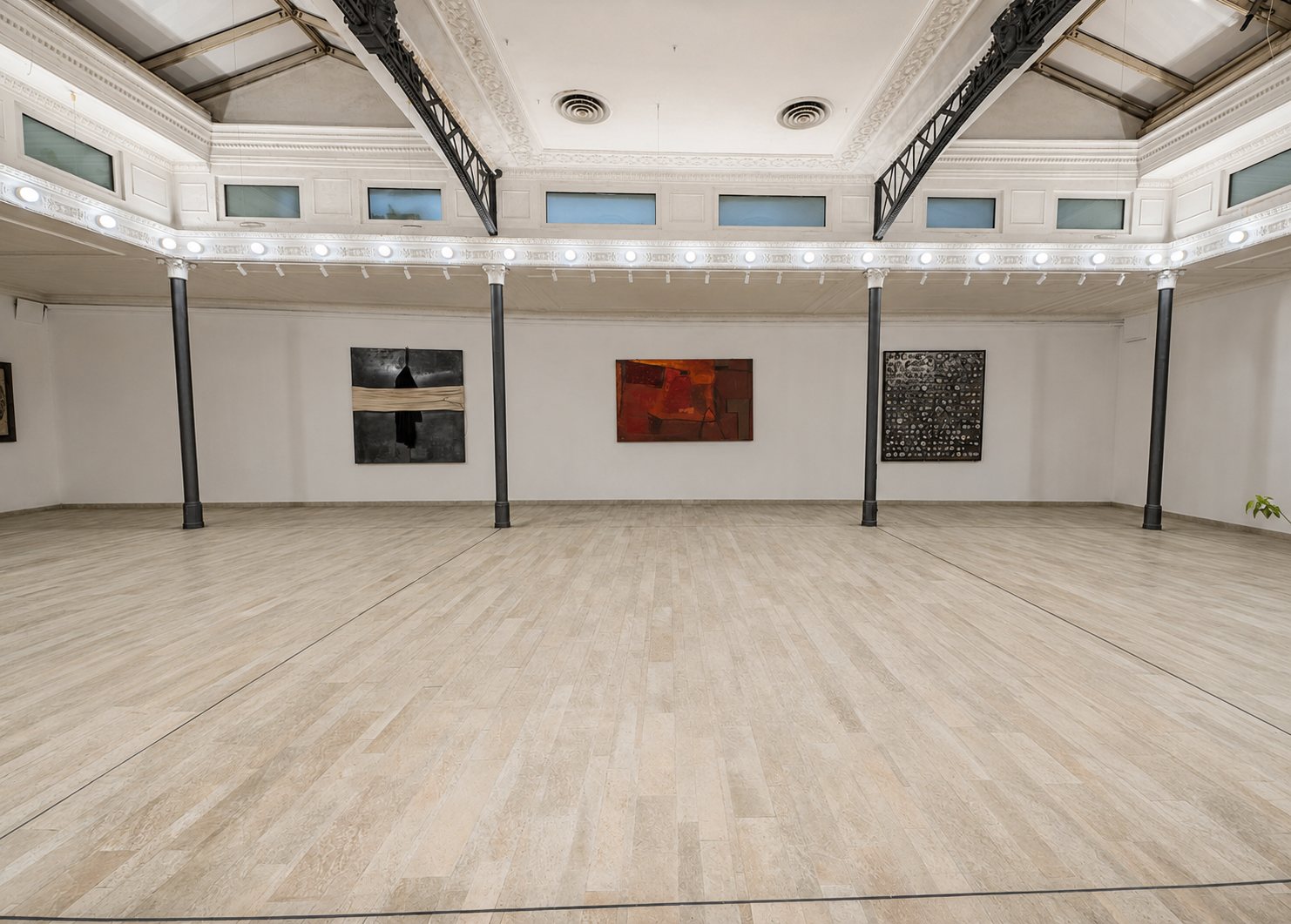 Studio Liberty — the same hall hung as an exhibition, works on the walls
