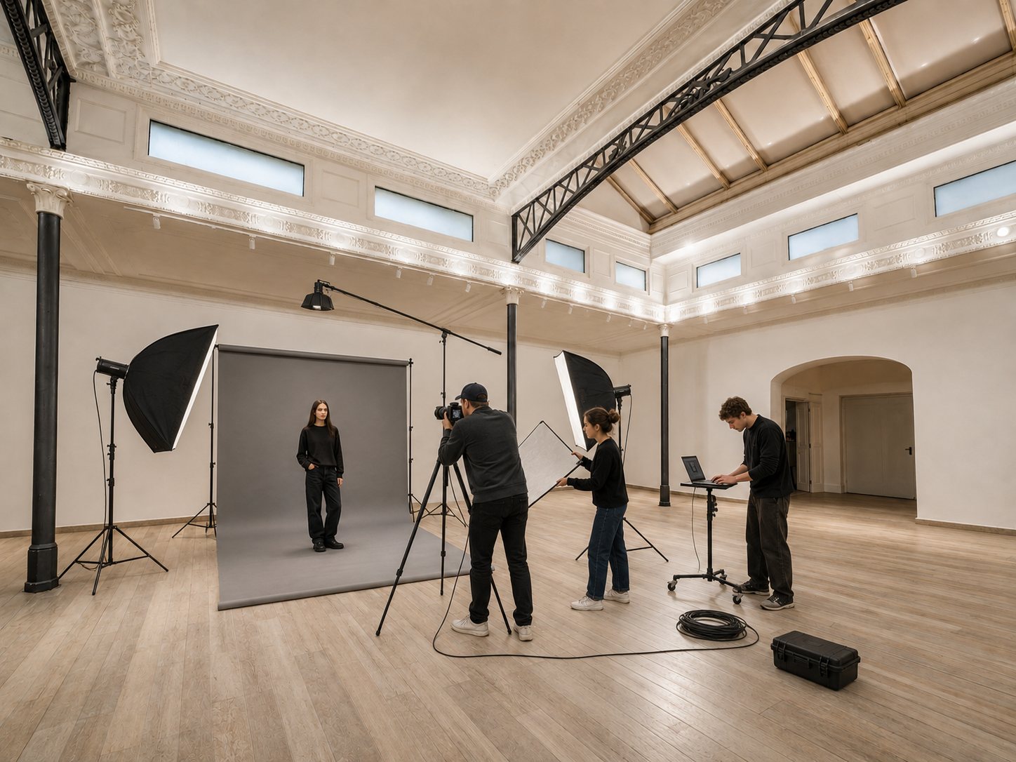 Studio Liberty — a photographic set with grey backdrop, softboxes and shooting table in the main hall, studio for hire in central Rome