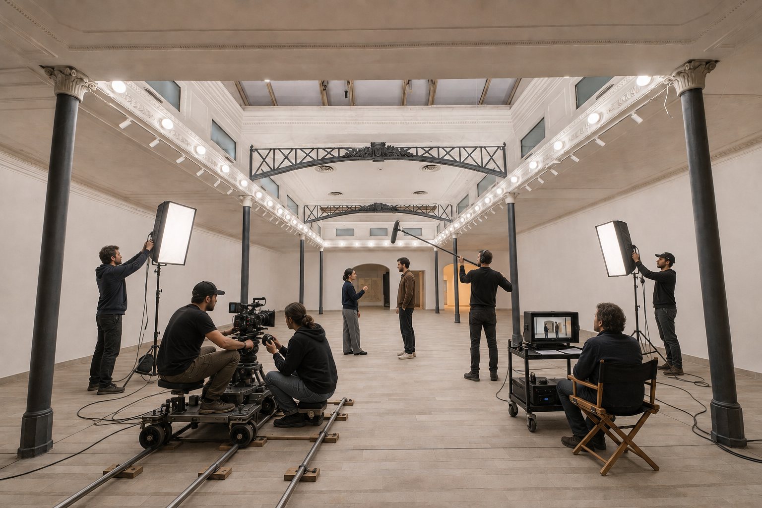 Studio Liberty — set cinematografico con carrello su binari, microfono in asta e monitor di regia, Roma centro