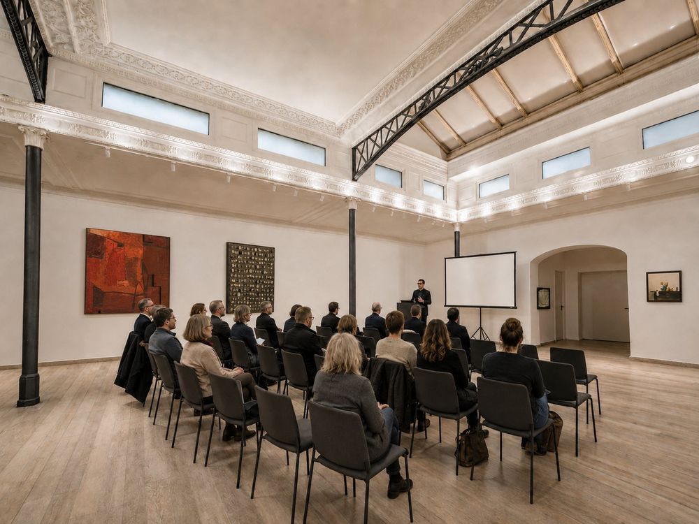 Studio Liberty — allestimento raccolto per un convegno con schermo laterale