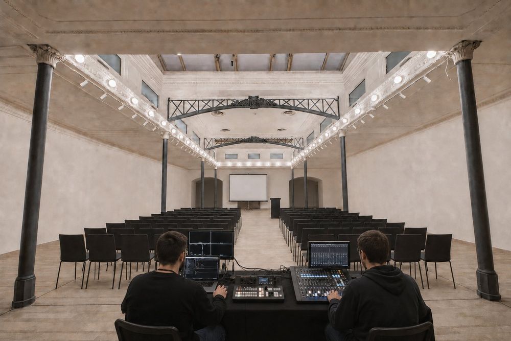 Studio Liberty — postazione di regia audio e video a fondo sala