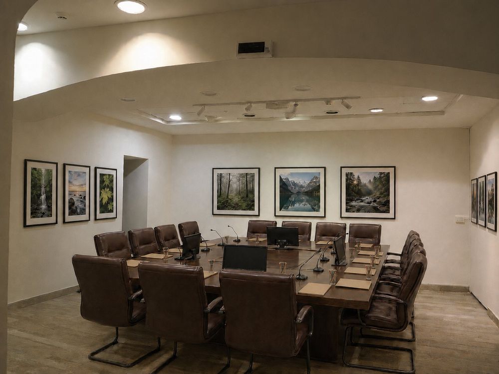 Studio Liberty — sala consiglio con poltrone in pelle, microfoni e monitor
