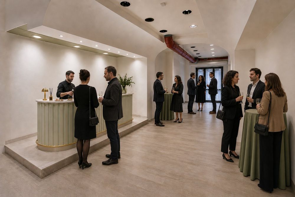 Studio Liberty — cocktail nel foyer con bancone e tavoli alti