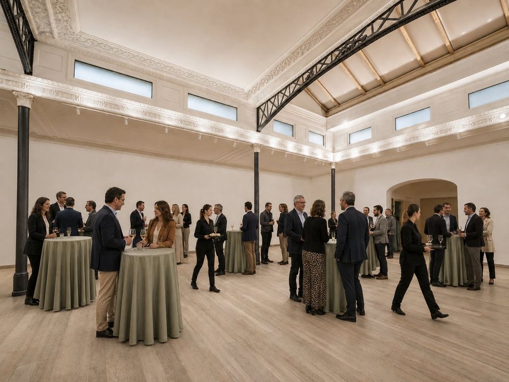 Studio Liberty — cocktail diurno nella sala grande sotto il lucernario