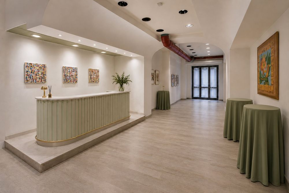 Studio Liberty — il bancone del foyer pronto per l'accoglienza degli ospiti