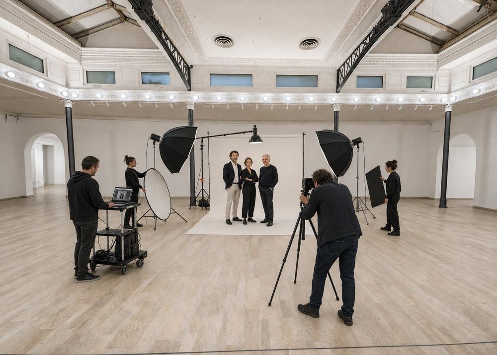 Studio Liberty — shooting di gruppo su fondale bianco con luci e pannelli riflettenti