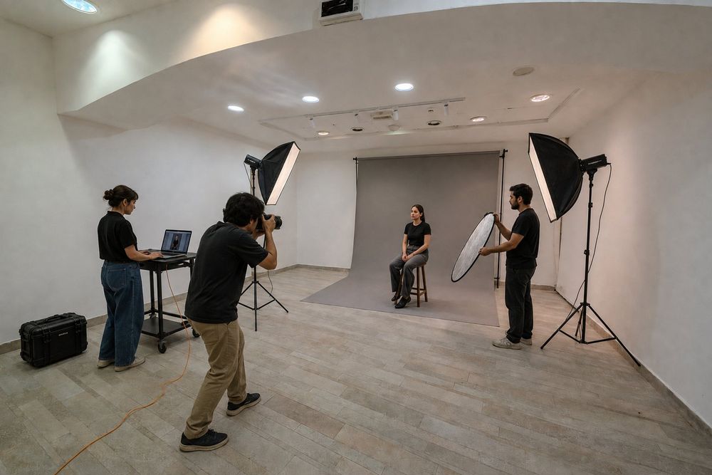 Studio Liberty — set per ritratto nella sala piccola con fondale grigio
