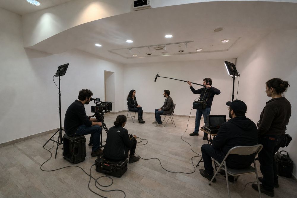 Studio Liberty — set per intervista televisiva nella sala piccola con troupe al lavoro