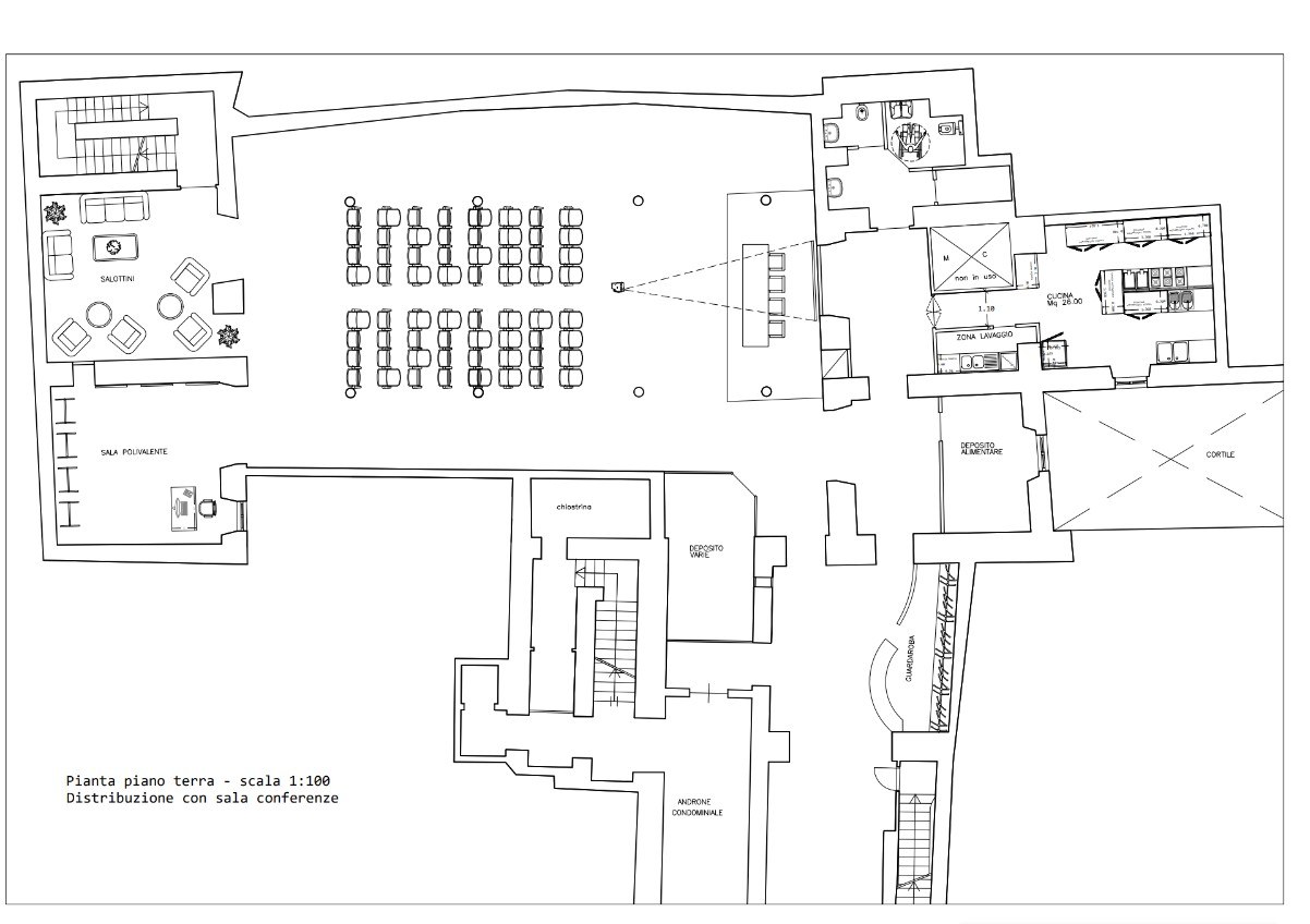 Studio Liberty — pianta del piano terra con allestimento a sala conferenze, platea e salottini